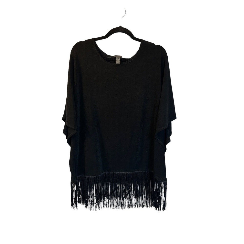 Chicos Travelers Black Classic Fringe Top Slinky Knit Tunic Poncho Top Sz L / XL